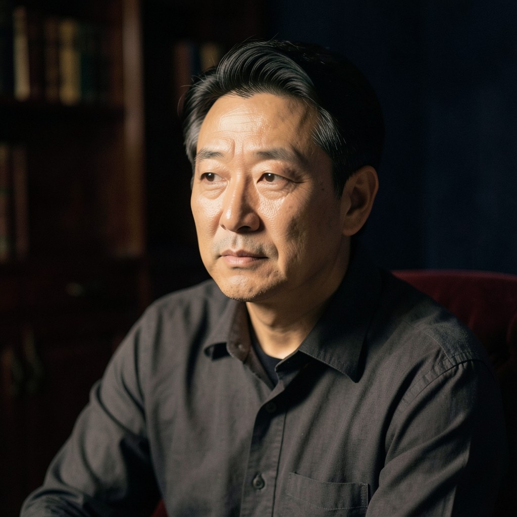 Portrait of Choi Sanho seated in a dim study with warm copper light