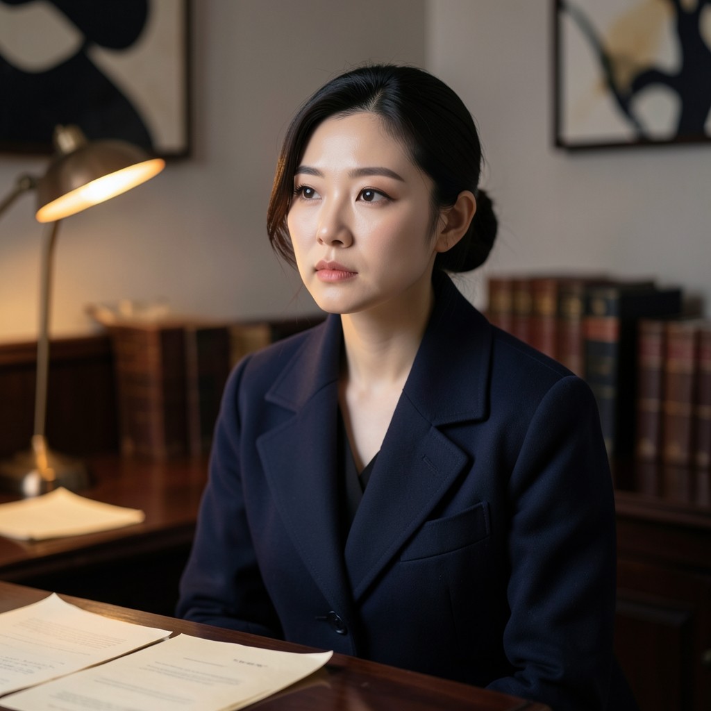 Portrait of Han Yebin beside a chart table in a plum-toned study