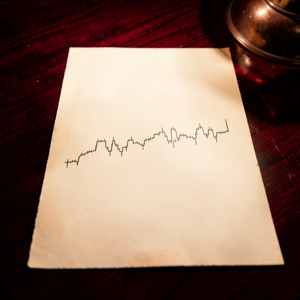 A sequence of hand-drawn candlesticks that push, pause with small bodies, then push again