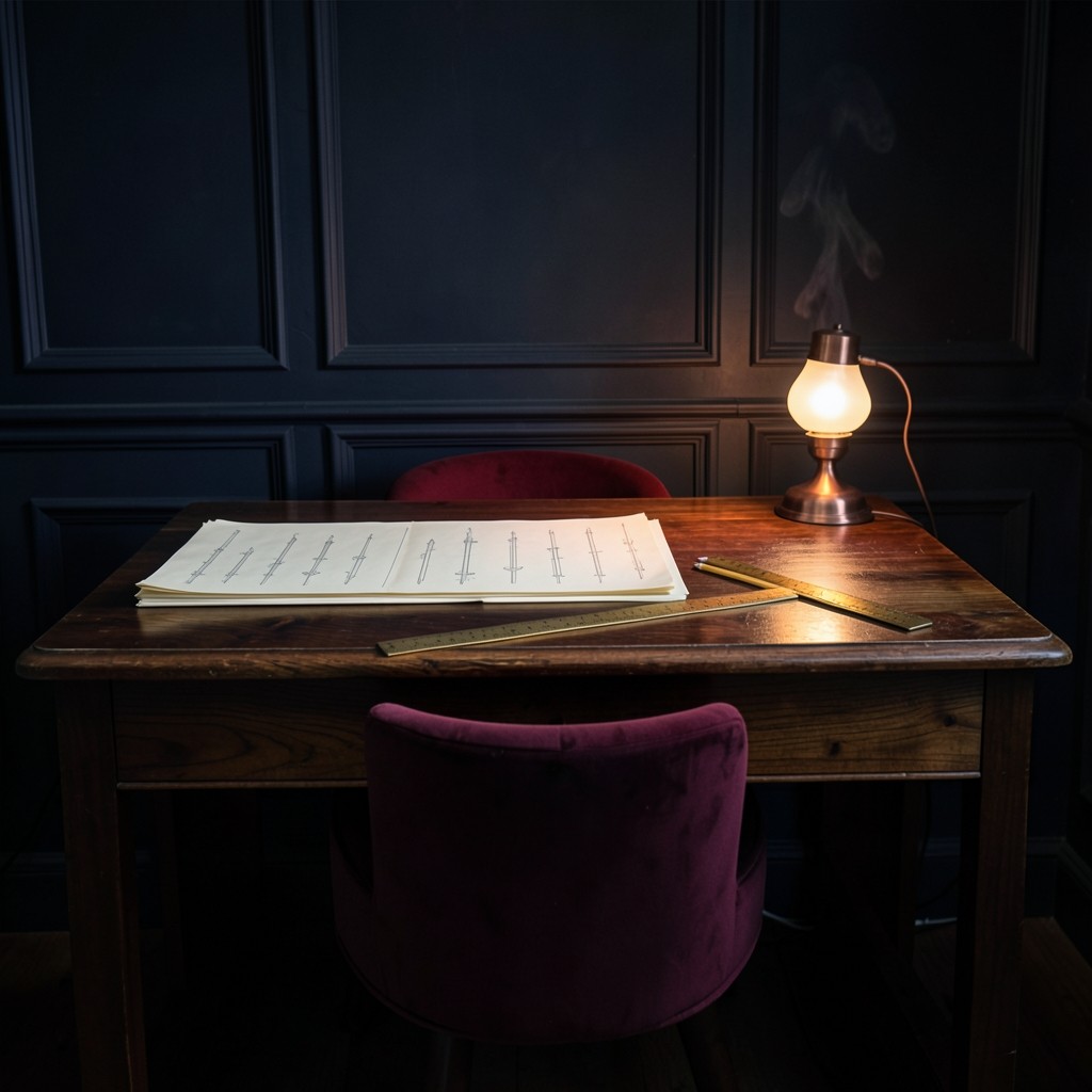 An empty candle desk set with paper sheets, pencils, a brass ruler, and a copper lamp