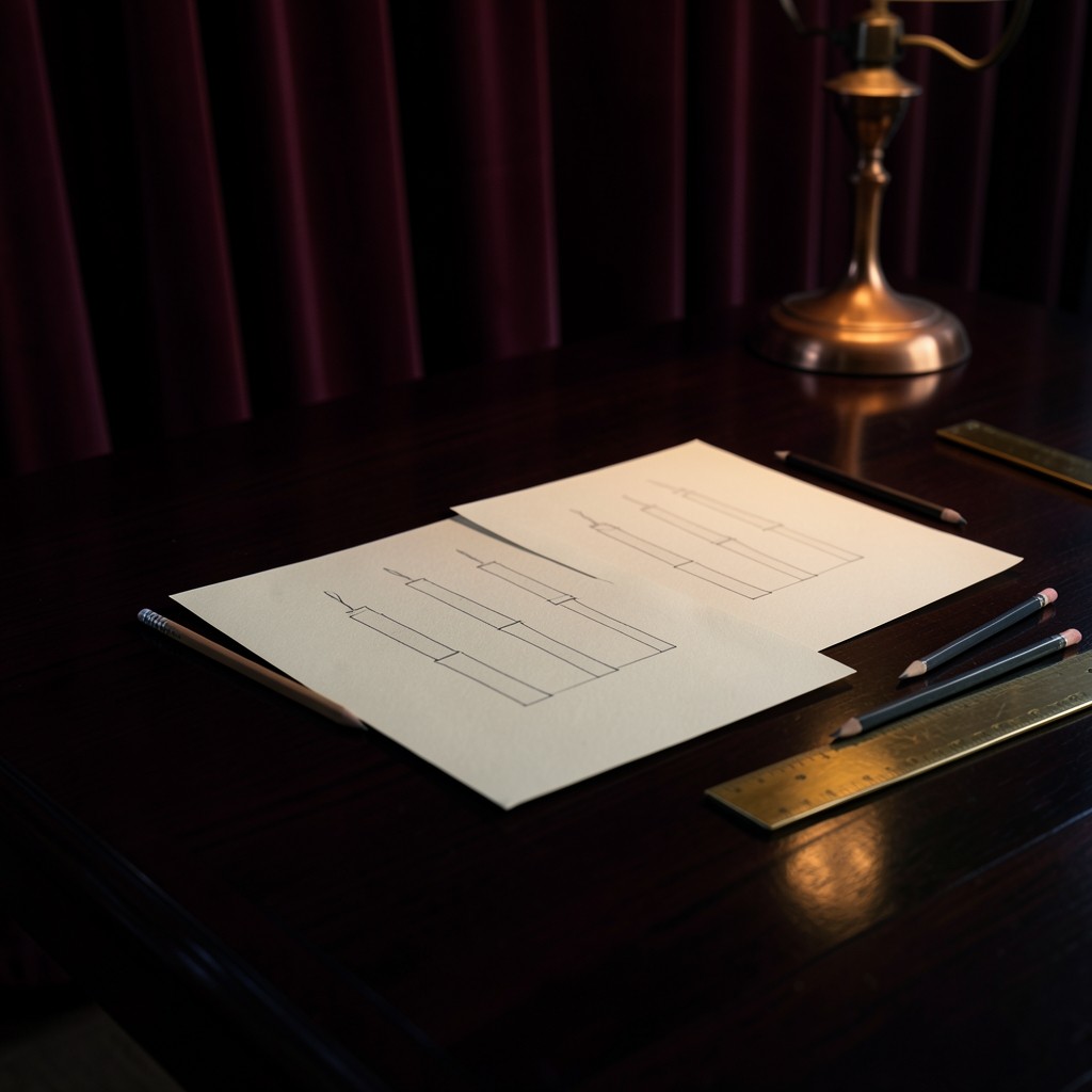 Night study table with ivory sheets of hand-drawn candlesticks, graphite pencils, and a copper lamp