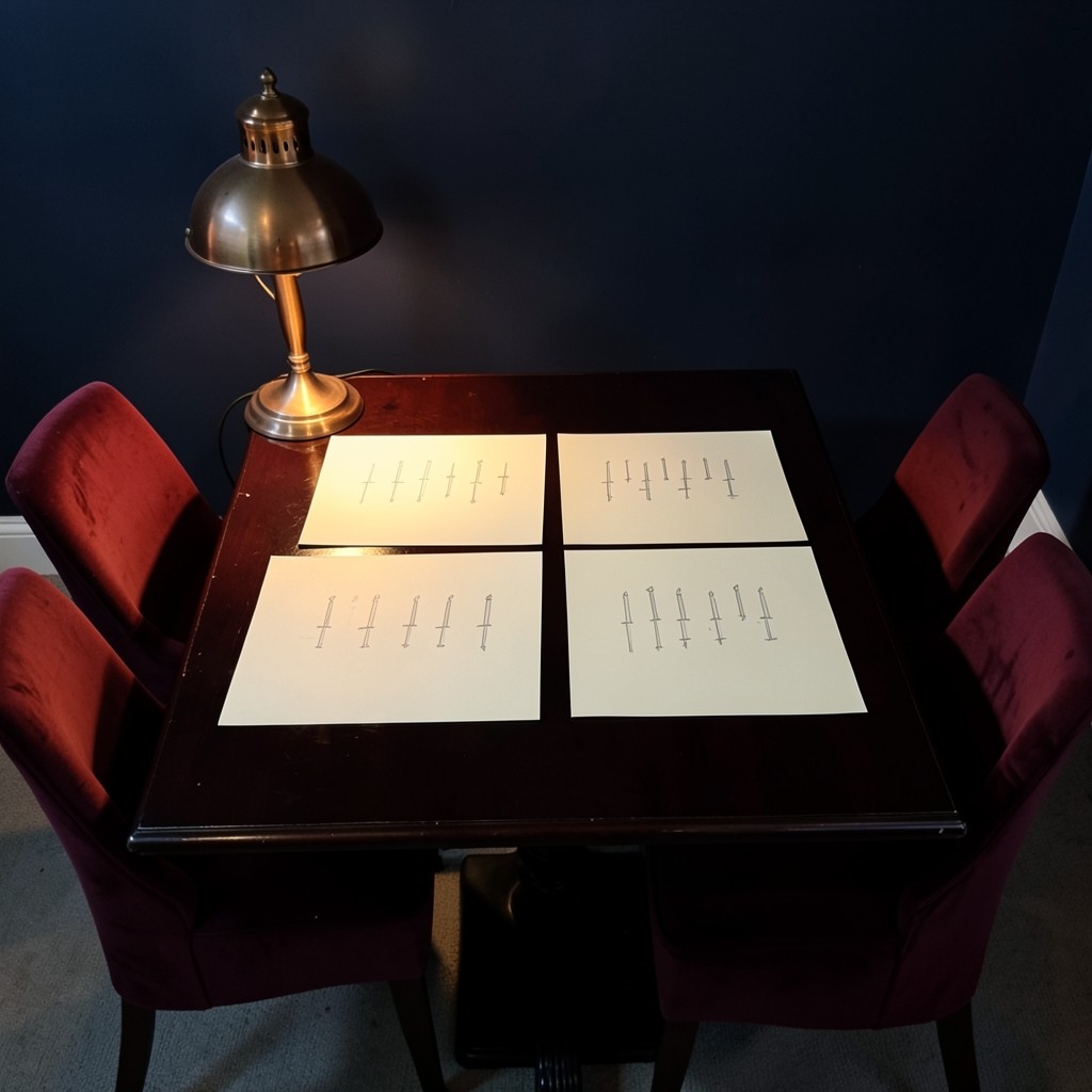 Dark wood table with ivory chart sheets showing hand-drawn candlestick sequences under a copper lamp