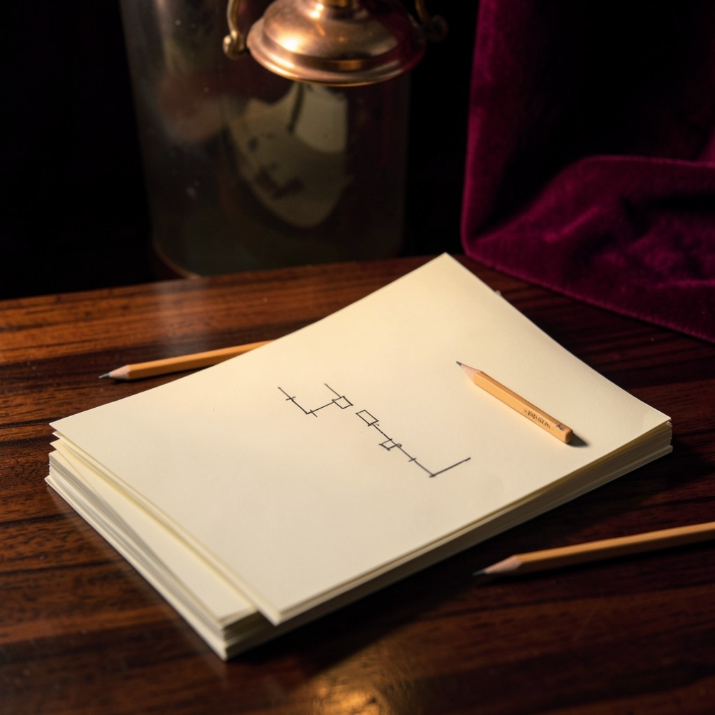 A stack of hand-marked candlestick sheets and two pencils on a dark wood desk